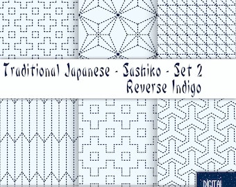 Japanese Reverse Sashiko-style in Indigo - Set 2, Digital Paper, 12'x12", 300 dpi JPG, Printable