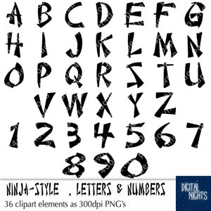 Ninja Alphabet - 36 Ninja Style Letters and Numbers - Clipart, Digital Collage, A-Z & 0-9, PGN files