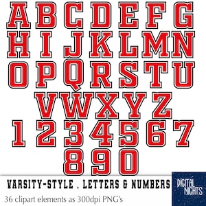 College Football-alfabet - 36 letters en cijfers in Varsity-stijl - Clipart, digitale collage, AZ en 0-9, PGN-bestanden