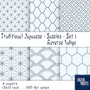 Sashiko japonés invertido en índigo, juego 1, papel digital, 12 x 12 pulgadas, 300 ppp, JPG, imprimible
