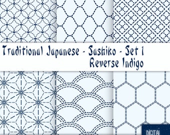 Japanese Reverse Sashiko-style in Indigo - Set 1, Digital Paper, 12'x12", 300 dpi JPG, Printable