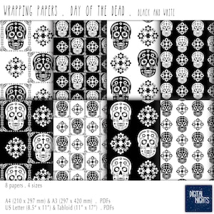 Día de los Muertos - Dag van de Doden - Zwart en Wit - Inpakpapier - Digitaal, afdrukbare PDF, Instant Download