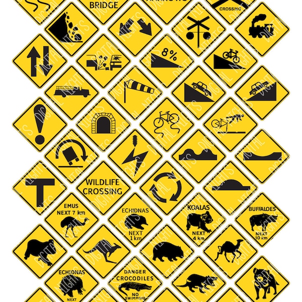 48 Inchies - Road Caution Signs - Digital Clipart, Digital Collage Sheet, PNG & JPG, Printable