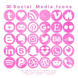 30 Social Media Icons - White on Pink Watercolour - Perfect Circle shape - in 3 sizes - PNG files