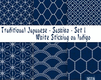 Japanese Sashiko-style in Indigo - Set 1, Digital Paper, 12'x12", 300 dpi JPG, Printable