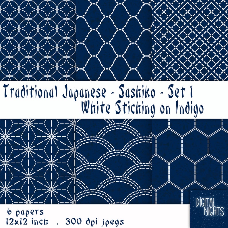 Japanese Sashiko-style in Indigo Set 1, Digital Paper, 12'x12, 300 dpi JPG, Printable image 1