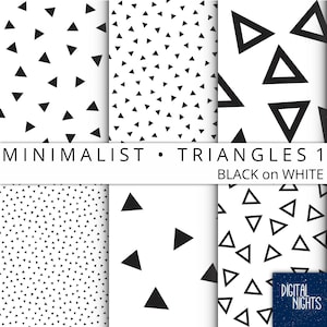 Peut inclure: Quatre motifs de papier numérique avec des triangles noirs sur fond blanc. Les motifs comprennent des triangles petits, moyens et grands dans différentes dispositions. Le texte "MINIMALIST • TRIANGLES 1 BLACK on WHITE" est affiché en haut de l'image.