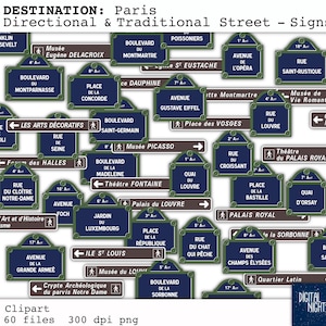 DESTINAZIONI: Parigi - Cartelli stradali tradizionali in stile Art Nouveau + Cartelli direzionali moderni - Clipart - Collage digitale, PNG, Download immediato
