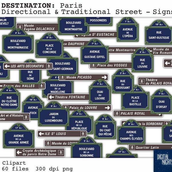 DESTINATIONS: Paris - Traditional Art Nouveau Street signs + Modern Directional signs - Clipart- Digital Collage, PNG, Instant Download