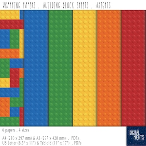 Könnte beinhalten: Sechs digital druckbare Papiere mit einem sich wiederholenden Muster aus bunten Bausteinen. Die Papiere sind in vier Größen erhältlich: A4 (210 x 297 mm), A3 (297 x 420 mm), US Letter (8,5 x 11 Zoll) und Tabloid (11 x 17 Zoll).