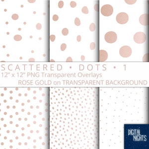 Scattered Rose Gold Dots Overlay - Set 1 - Rose Gold Foil on Transparent Background, Digital Overlay, 12&quot;x12&quot;, 300 dpi PNG, Instant Download