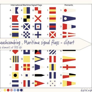 Balade sur la plage - drapeaux de signalisation maritime et fanions - éléments clipart - collage numérique, PNG, téléchargement immédiat