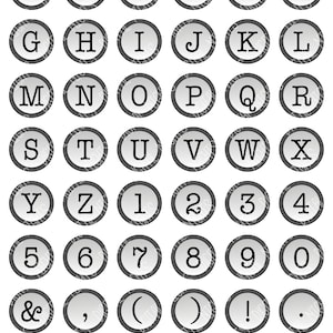 May include: A collection of 1-inch bottle cap circles featuring old-fashioned typewriter letter keys. Each circle displays a letter, number, or symbol in black against a gray background, surrounded by a dark gray border.