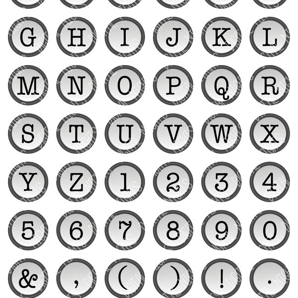 Bottle cap Medallions - Old-fashioned Typewriter Keys - Pewter Grey - Clipart Graphic, PNG & JPG, Digital Collage, Printable