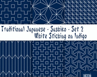 Japanese Sashiko-style in Indigo - Set 2, Digital Paper, 12'x12", 300 dpi JPG, Printable