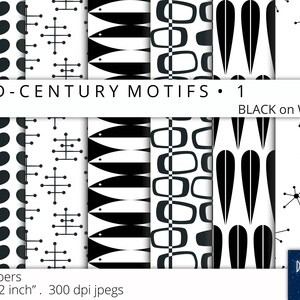 Mid-Century Motifs - Black on White, Digital Paper, 12&quot;x12&quot;, 300 dpi JPG, Printable, Instant Download