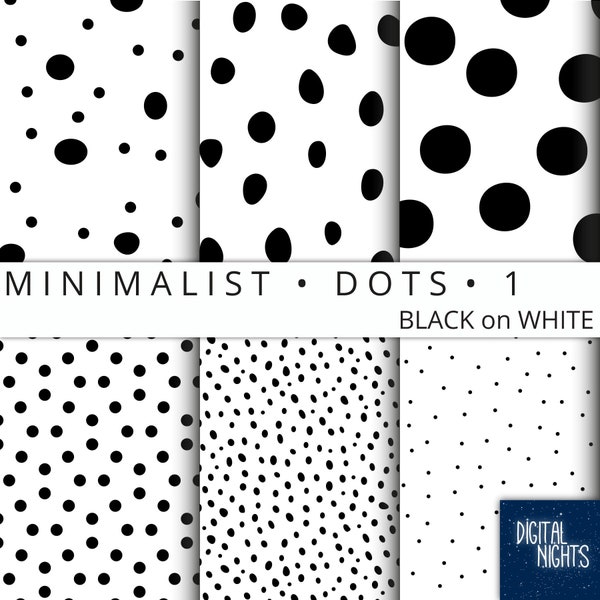 Minimalist Dots - Set 1 - Black on White, Digital Paper, 12"x12", 300 dpi JPG, Printable, Instant Download
