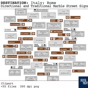 DESTINAZIONI: Roma Italia - Cartelli stradali storici in marmo + Cartelli direzionali moderni - Clipart - Collage digitale, PNG, Download immediato