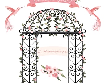 The Humming Bird Arbor - Charlotte's Garden - Soft Pink, Wedding Floral Clipart - Digital Collage, Instant Download