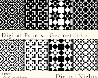 Geometric Designs - Set 4 - Black on White Digital Paper, 12"x12", 300 dpi JPG, Printable, Instant Download