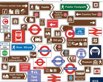 DESTINATIONS: Britain - UK Tourist and Transport Signs - Clipart- Digital Collage, PNG, Instant Download