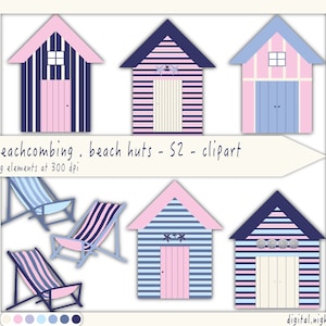 May include: Set of six digital clipart images of beach huts in pink, blue, and white with striped patterns. The huts have pink and white doors and some have nautical details. There are also three images of blue and pink striped beach chairs.