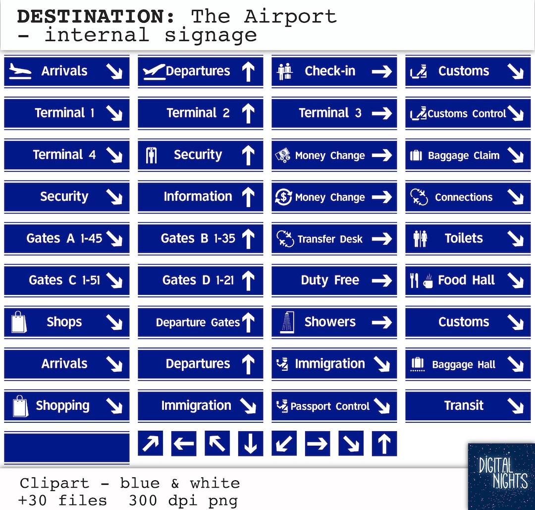 DESTINATIONS: the Airport - Internal Signs - Blue & White Clipart ...