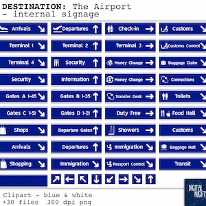 DESTINAZIONI: Aeroporto - Segnaletica interna - Clipart blu e bianco - Collage digitale, PNG, download immediato