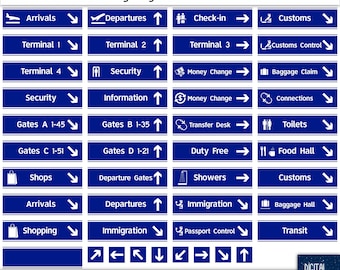 DESTINATIONS: The Airport - internal Signs - Blue & White Clipart - Digital Collage, PNG, Instant Download