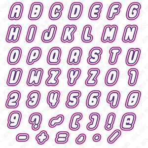 May include: A set of alphabet letters and numbers in a white, purple, and pink Lego brick style font. The letters and numbers are outlined in purple and have a pink shadow.
