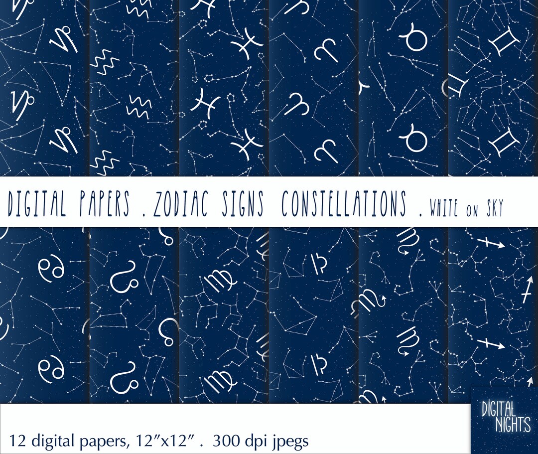 Zodiac Constellations Digital Paper: Seamless Indigo Night Sky (instant ...