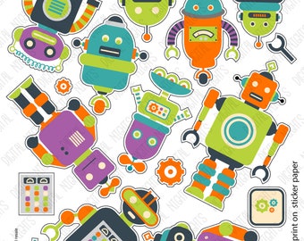 Robots II - colorful robots - Printable Sticker Set of 10 Robots - Digital Collage Sheet, JPEG & PDF files, Instant Download