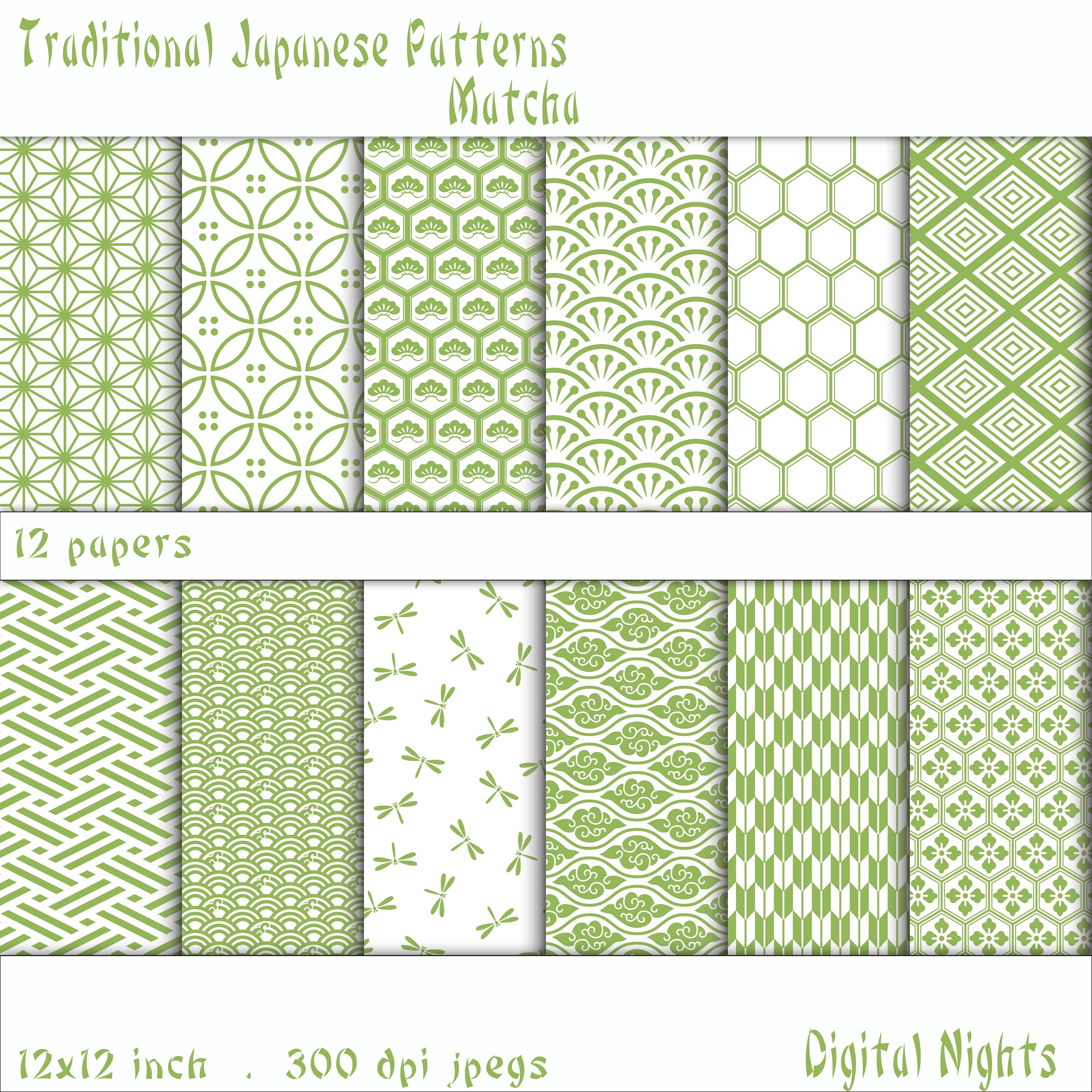 Traditional Japanese Patterns - Matcha & White - Digital