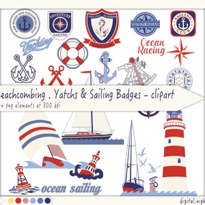 Beachcombing - Sailing - Badges and Clipart - Digital Collage, PNG, Printable, Instant Download
