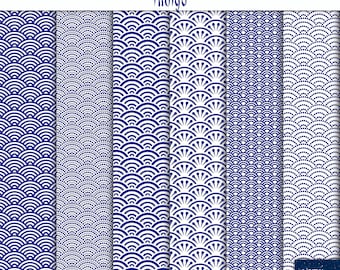 Japanese Seigaiha in Indigo Blue & White, Digital Paper Seigaiha, 12'x12", 300 dpi JPG, Printable