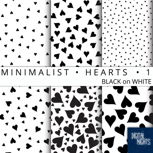 Minimalist Hearts - Set 1 - Black on White, Digital Paper, 12"x12", 300 dpi JPG, Printable, Instant Download