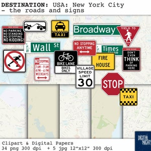 DESTINATIONS: New York City - Road Trip - NYC street signs - Clipart & Digital Paper- Digital Collage, PNGJPG, Instant Download