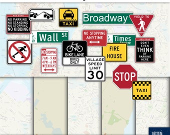 NYC Street Signs Clipart & Digital Paper: New York City Road Trip (Instant Download)