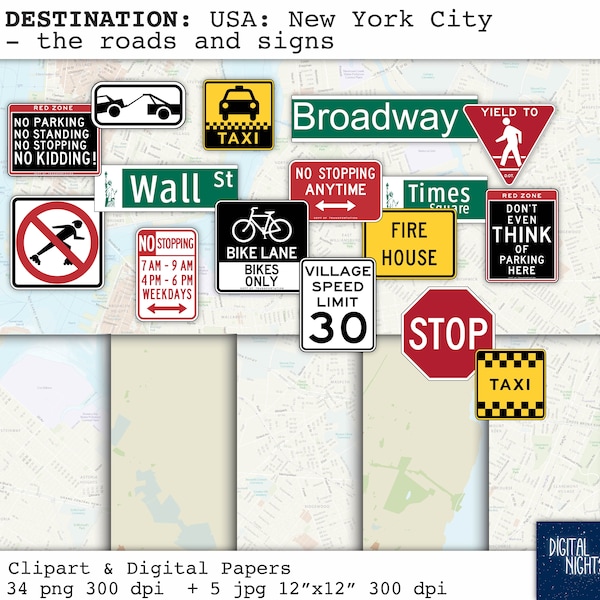 DESTINATIONS: New York City - Road Trip - NYC street signs - Clipart & Digital Paper- Digital Collage, PNGJPG, Instant Download