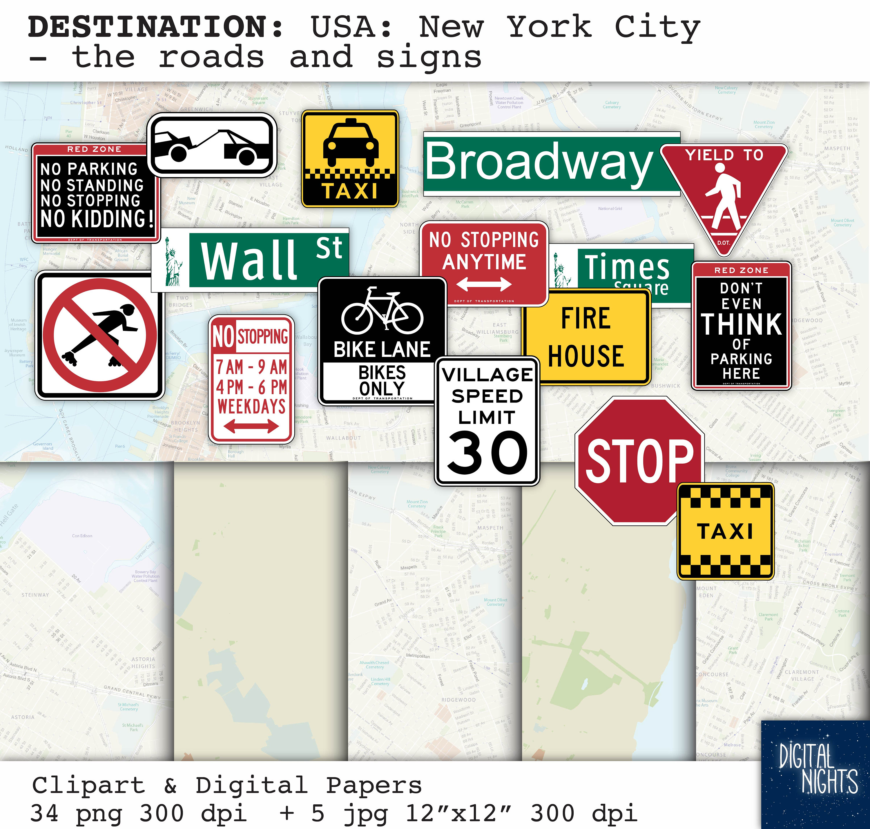 NYC Street Signs Clipart & Digital Paper: New York City Road Trip
