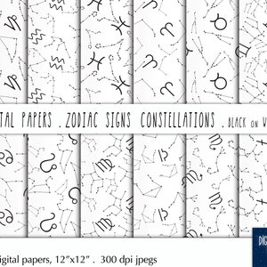 星座、占星術のサイン - 白地に黒のシームレスなデジタル ペーパー セット、300 dpi JPG、印刷可能、即時ダウンロード