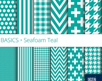 Basics - 12 Digital Papers in Seafoam Teal and White, 12"x12", 300 dpi JPG, Printable, Instant Download