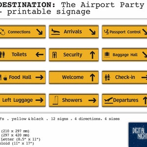 DESTINOS: Letreros para fiestas en aeropuertos, llegadas, salidas, pasaportes, sala de comidas - amarillo y negro - PDF imprimible, descarga instantánea