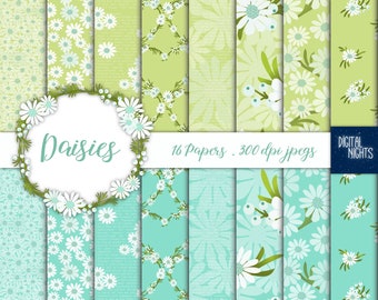 Daisies Digital Paper Pack Daisy 16 Papers Pale Blue Flowers Spring Green Romantic Wedding Floral Digital Papers Instant Download