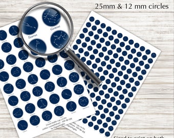 Zodiac Constellations - Bottle cap Cabochons - Clipart sheets in 2 sizes 25mm,12mm circles, PNG, JPG & PDF Digital Collage, Printable