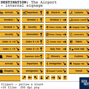 DESTINOS: El Aeropuerto - Señales internas - Clipart amarillo y negro - Collage digital, PNG, Descarga instantánea