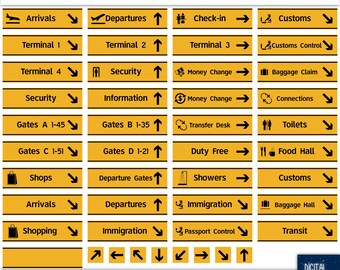 May include: Yellow and black airport signage with arrows indicating directions to various locations, including Arrivals, Departures, Check-in, Customs, Security, Gates, Shops, and more.