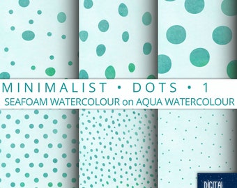 Minimalist Dots - Seafoam on Aqua Watercolour, Digital Paper, 12"x12", 300 dpi JPG, Printable, Instant Download