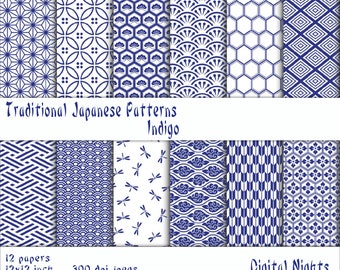 Traditional Japanese Patterns - Indigo Blue - Digital Paper, 12"x12", 300 dpi JPG, Printable, Instant Download