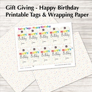 Happy Birthday Multicoloured Confetti Swing Tags & Matching Wrapping Paper - Gift Tags For Presents - Printable PDF, JPEG, Instant Download